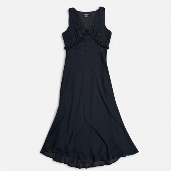 NWT VTG Y2K Karen Kane Black Silk Rosette Beaded Plunge Dark Fairy Maxi Dress L - Picture 6 of 8